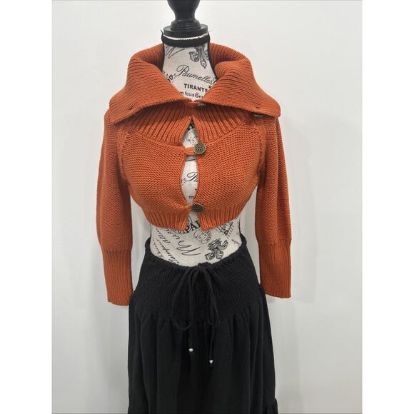 Cue & Emm Rust Cropped Knit Cardigan Sweater Statement Collar Buttons Cottage SM - Picture 1 of 6